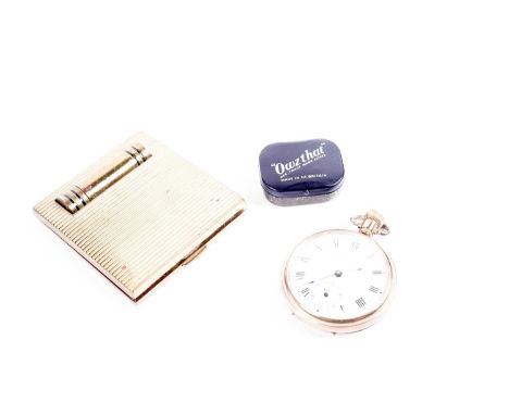 The Consol gold plated open face pocket watch, the white enamel Roman dial with subsidiary seconds dial, 73mm high including 