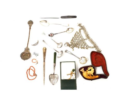 A selection of silver items, including: two silver toddy ladles; a Scottish teaspoon; a silver sugar sifting spoon; a meersch