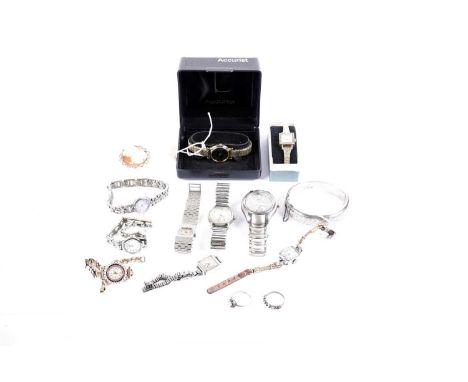 A selection of jewellery and watches, including: a sapphire and diamond ring, in 9ct white gold (damaged); a gilt metal cameo