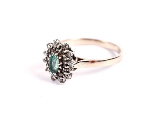 An emerald and diamond cluster ring, on a 9ct gold shank, size L, 2.1g gross