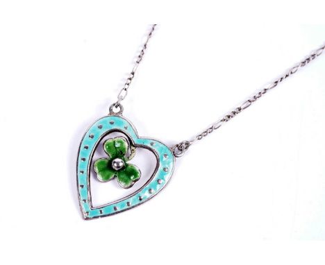 An Edwardian Arts and Crafts pendant, silver and enamel, by Charles Horner, Chester 1908, of heart and shamrock design, on ca
