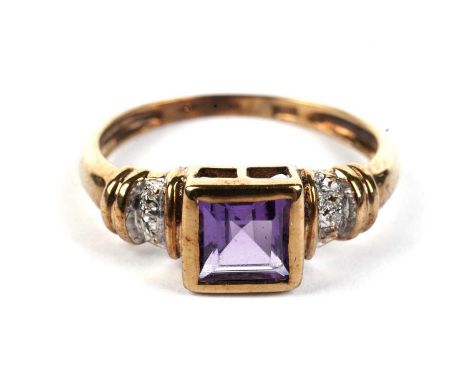 An amethyst and diamond ring, in 9ct yellow gold mount and shank, ring size M, 1.7g gross.