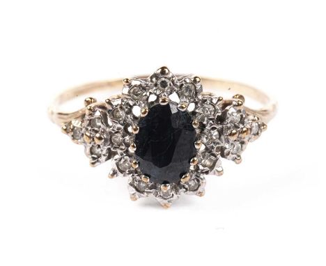 A sapphire and diamond cluster ring, in 9ct yellow gold mount and shank, ring size W, 2.1g gross.
