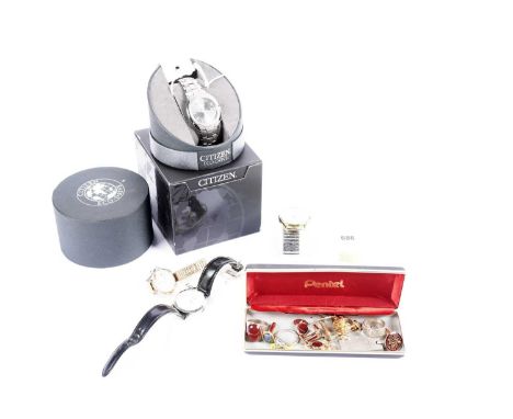 A selection of silver, costume jewellery and watches, including: a Citizen Eco-Drive titanium wristwatch, in box, with papers