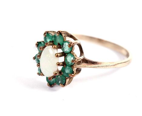 An opal and emerald cluster ring, in 9ct yellow gold mount and shank, ring size L, 1.6g gross.