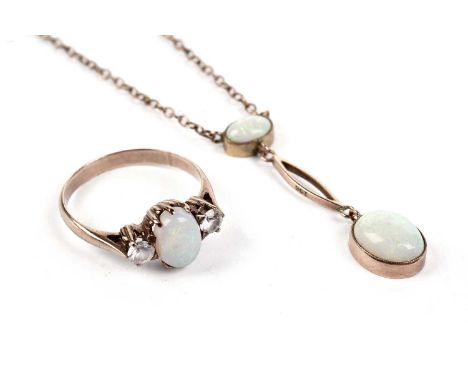 A selection of opal jewellery, comprising; an opal and white sapphire ring, on a yellow-metal shank, size M, with an opal pen