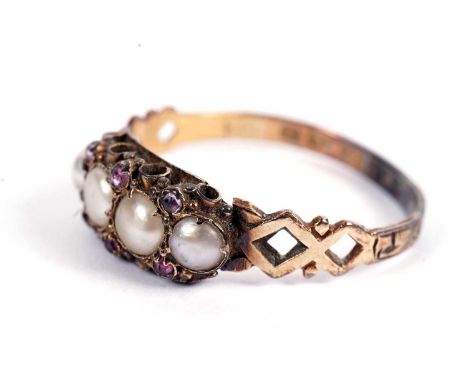 A 19th Century half-pearl and ruby ring, in 18ct yellow gold mount and shank, ring size Q, 2.0g gross.