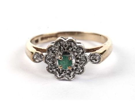 An emerald and diamond cluster ring, in 9ct white gold illusion mount and yellow gold shank, ring size N, 2.4g gross.