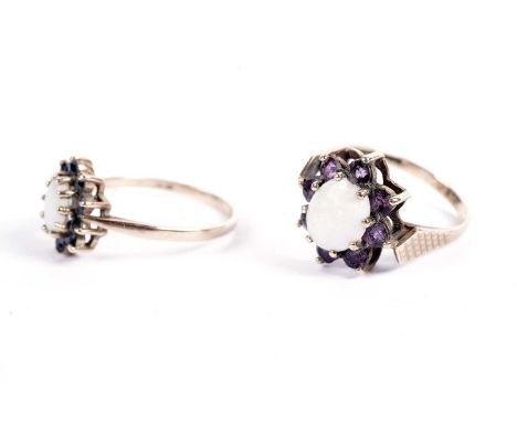 An opal and amethyst cluster ring, size Q; and an opal and sapphire cluster ring, size S, each in 9ct yellow gold, 5.6g gross