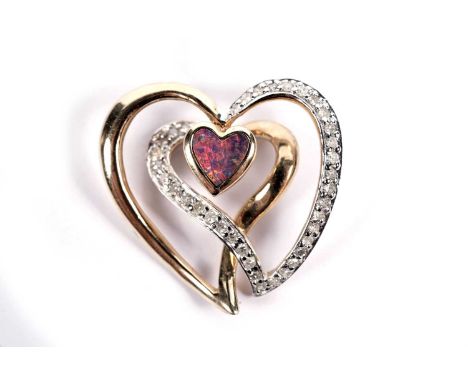 An opal and diamond heart pendant, in yellow gold, stamped "14K", 24mm high, 2.5g gross.