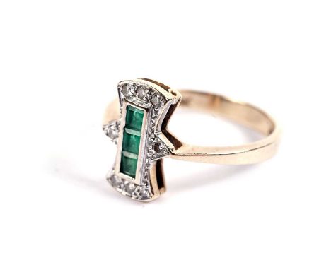 An emerald and diamond ring, of plaque form, yellow gold mount and shank stamped "14k", ring size M, 2.7g gross.