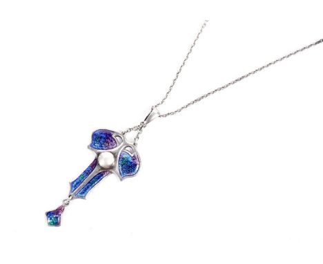 An Edwardian Arts and Crafts pendant, by Charles Horner, Chester 1909, silver, enamel and mabe pearl, on cable link chain.