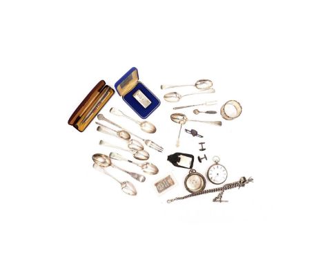 A selection of silver items, to include: a napkin ring; a pocket watch case; a one-ounce fine silver ingot; various teaspoons