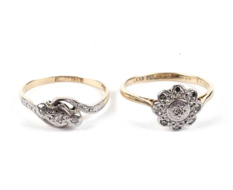 A diamond flower cluster ring, in platinum setting and 18ct yellow gold shank, size L; and a diamond trilogy ring, in platinu