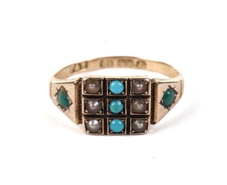A Victorian turquoise and seed pearl ring, in 15ct yellow gold, size J 1/2, 2.3g gross.
