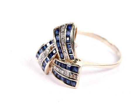 A sapphire and diamond dress ring, of entwined ribbon pattern, set with round brilliant-cut diamonds, and square-cut sapphire