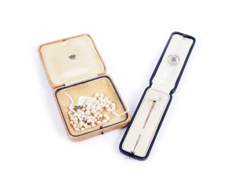 A selection of cultured pearl jewellery, comprising; a baroque pearl necklace with green guilloche-enamelled gold clasp, stam