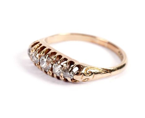 An Edwardian five-stone diamond ring, the round faceted diamonds claw-set in a graded arrangement, on gold, stamped "18ct", s