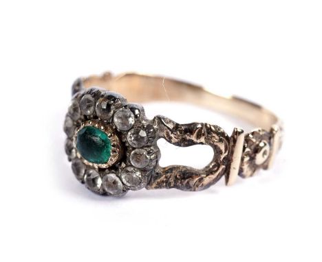 An early 19th Century emerald and white stone cluster ring, in gold mount and shank with floral wreath design, ring size M, 2