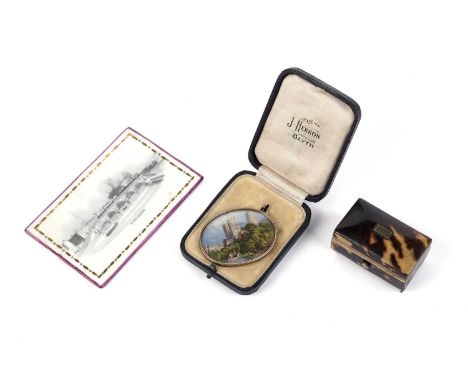A 19th Century miniature picture of Durham, in gilt mount; a monochrome painted porcelain plaque of Worcester; and a tortoise