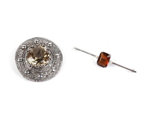 A Scottish silver brooch, by Robert Allison, Glasgow 1957, set with citrine, of Celtic design; and a citrine and pearl bar br
