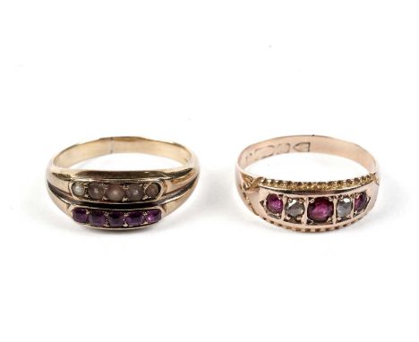 A Victorian ruby and seed pearl ring, in 15ct yellow gold, size J, 1.6g gross; and a Victorian ruby and diamond ring, hallmar