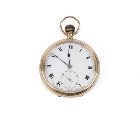 An 18ct yellow gold-cased open-faced pocket watch, the white enamel roman dial with subsidiary seconds aperture, fitted 17-je