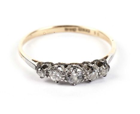 A five-stone diamond ring, in 9ct yellow gold mount and shank, ring size T, 2.3g gross.