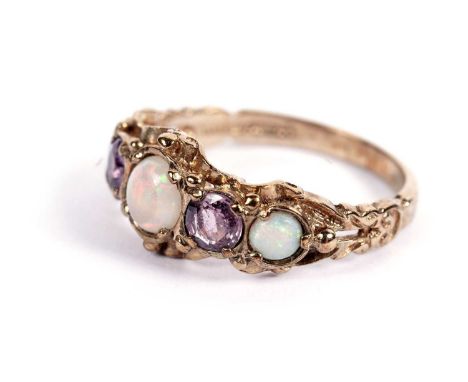 A Victorian-style opal and amethyst ring, in 9ct yellow gold mount and shank, Sheffield 1993, ring size M, 2.8g gross.