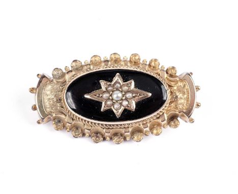 A Victorian seed pearl, black enamel and gilt metal mourning brooch, with oval hair panel to reverse, stamped Rd. number, 41m