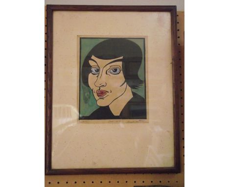 A 20th century continental coloured wood cut type print - shoulder length portrait of a young woman with dark hair, indistinc