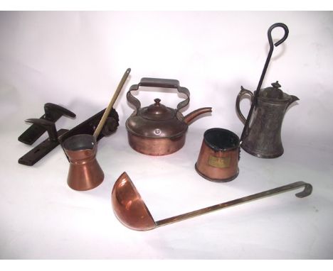 An antique ladle with copper bowl and brass handle together with two antique copper cider ladles, a copper kettle, etc, also 