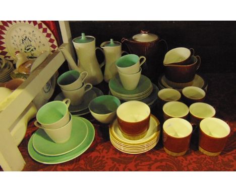 A collection of Poole Pottery coffeewares with pale grey mottled and pale turquoise glazed finish comprising coffee pot, hot 