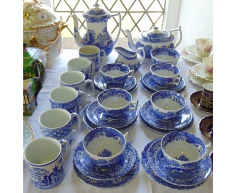 A collection of Spode blue and white printed Italian pattern tea and coffee wares comprising a teapot, milk jug, sugar bowl, 