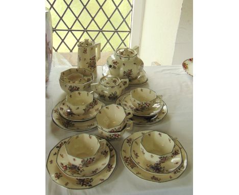 A collection of Royal Doulton Old Leeds sprays teawares comprising teapot, hot water jug, covered two handled sugar bowl, fur