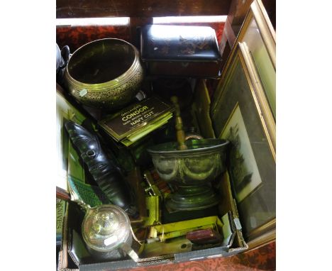A miscellaneous collection to include an Eastern brass bowl with enamel finish, other Eastern metalwares, carved African timb