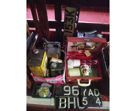 20th century automobile fuel cans to include a Shell example with brass BP cap, a cased Brexton picnic hamper, vintage vehicl