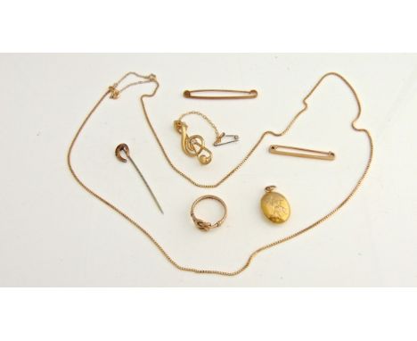 A 9ct rose gold ring, with central intertwining motif, 2.9g; a 9ct gold bar brooch, 1.7g; a 9ct gold box-link chain, 4g; a st