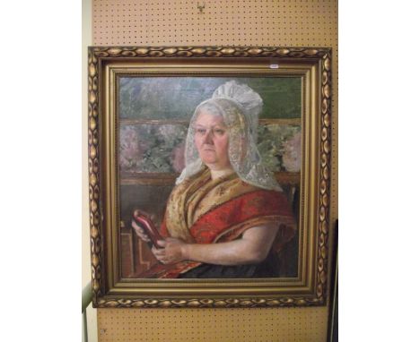 An early 20th century oil painting on canvas attributed Eugene Bertrand showing a half length portrait of a seated woman in E