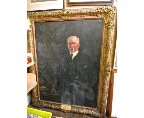 A large early 20th century oil painting on canvas, three quarter length portrait of a gentleman, in an interior setting stand