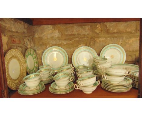 An extensive collection of Foley China tea and dinnerwares with duck egg blue and gilt border decoration comprising twelve di