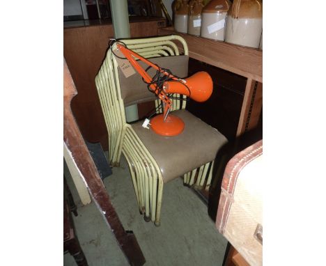 A set of eight vintage painted tubular steel framed stacking chairs with Rexene upholstered pad seats and back splats, togeth
