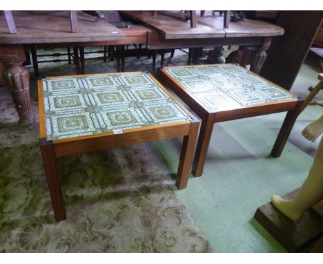 A pair of vintage Danish design occasional tables, the timber frames supporting ceramic tile inserts
