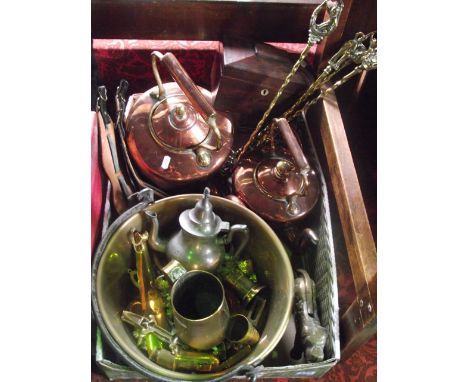 A miscellaneous collection to include two antique copper kettles, a rosewood sarcophagus shaped tea caddy, a brass boiling pa