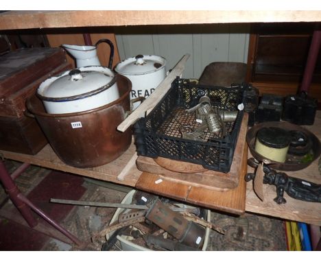 A quantity of mainly vintage kitchenalia to include a circular copper pan with fixed brass loop handles, two cylindrical crea