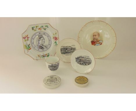 An early 19th century cup, saucer and tea plate all with black and white printed decoration showing scenes at Dover including