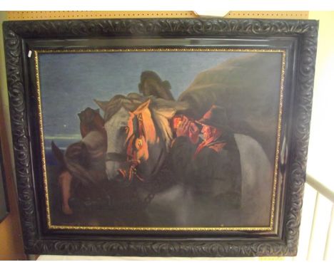 A 20th century oil painting on canvas showing a farmer lighting a lantern on the harness of one of a pair of heavy horses, wi