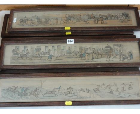 A set of six 19th century coloured engravings showing panoramic hunting and coaching scenes, some inscribed published by S & 