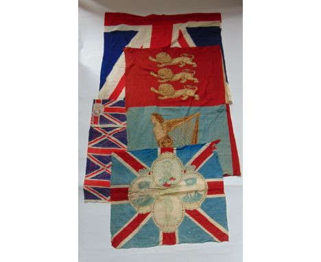 Antique and later flags, to include a good quartered standard detailing lions and a harp, a Union Jack, further Union Jack de
