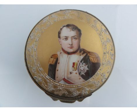 A 19th century French trinket box of circular form with painted decoration to the hinged cover - bust length portrait of Napo